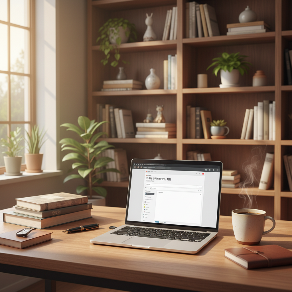 따스한 햇살이 비치는 서재의 원목 책상 위에 최신형 노트북이 놓여 있고, 화면에는 웹소설 연재 플랫폼의 글쓰기 창이 활성화되어 있으며, 옆에는 김이 모락모락 나는 커피 한 잔과 가지런한 책장이 배경으로 보이는 고해상도의 감성적인 사진.
