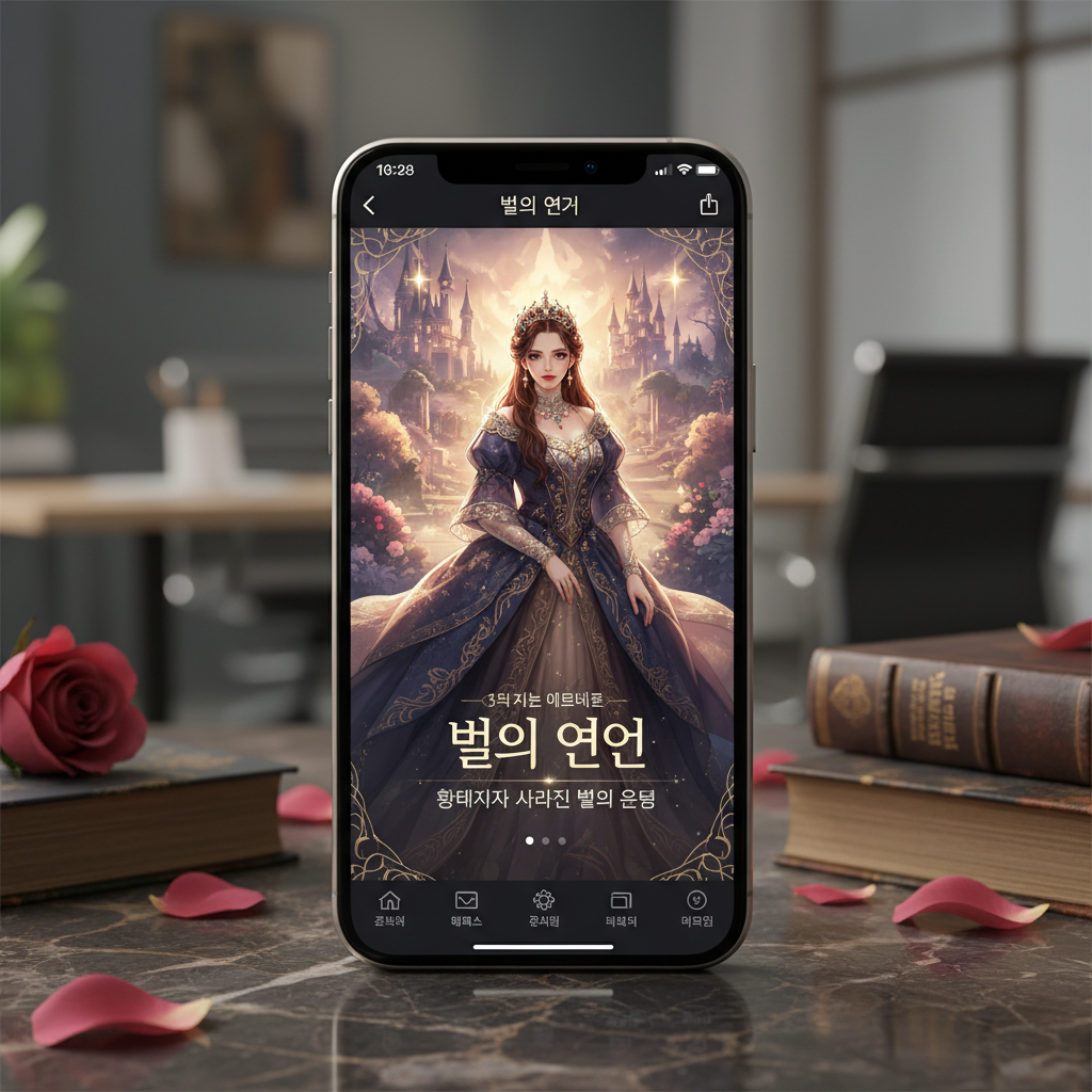 세련된 디자인의 스마트폰 화면에 로맨스 판타지 웹소설 앱이 실행되어 있으며, 화려한 드레스를 입은 여주인공 일러스트가 그려진 표지와 가독성 좋은 타이포그래피가 돋보이는 모던한 느낌의 이미지.
