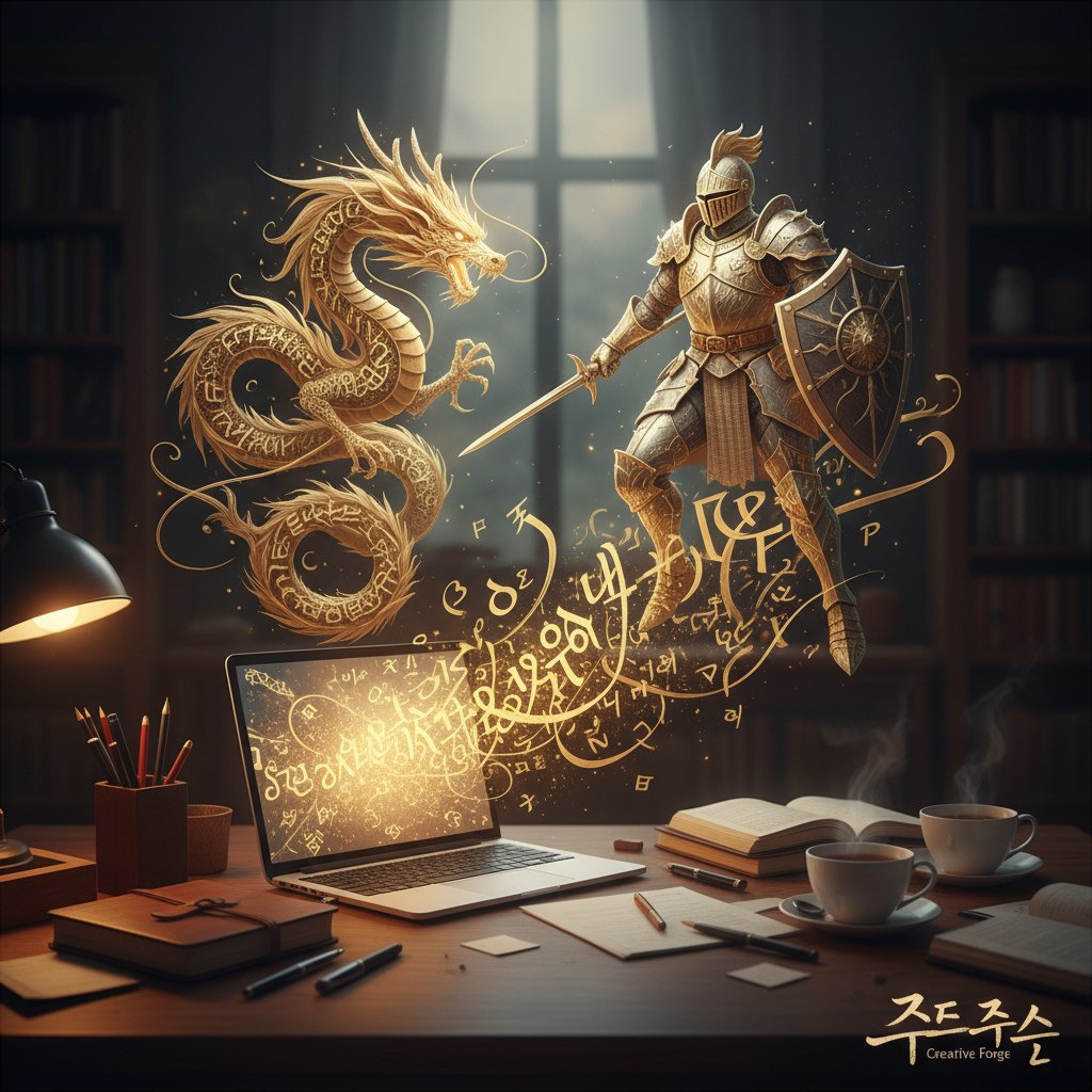 작가의 책상 위 노트북 화면에서 글자들이 튀어나와 입체적인 용과 기사 캐릭터로 변하며 현실과 상상이 어우러지는 초현실적인 컨셉의 아트워크, 8K 고화질 시네마틱 조명.