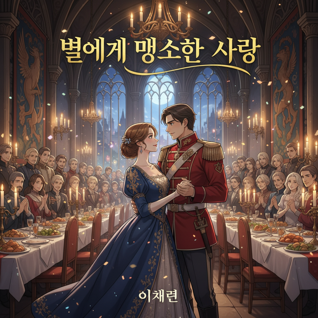 중세 유럽풍의 화려한 연회장을 배경으로 우아한 드레스를 입은 영애와 제복을 입은 공작이 춤을 추고 있는 로맨스 판타지 웹소설의 전형적인 표지 감성을 담은 고품질 애니메이션 스타일 삽화.