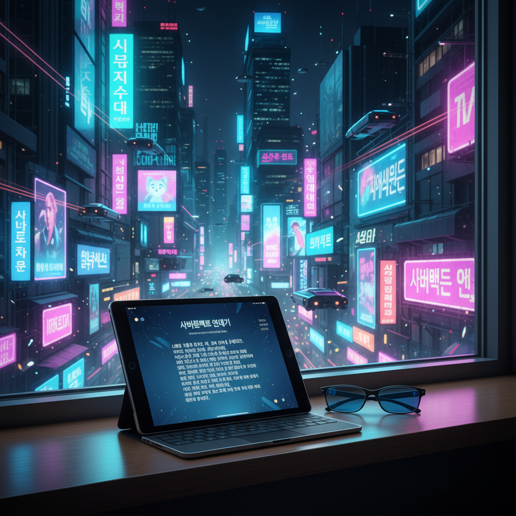 사이버펑크 스타일의 네온사인이 가득한 미래 도시를 배경으로 창가에 놓인 태블릿 PC 화면에 웹소설 원고가 띄워져 있는 몽환적이고 도시적인 분위기의 야경 이미지.
