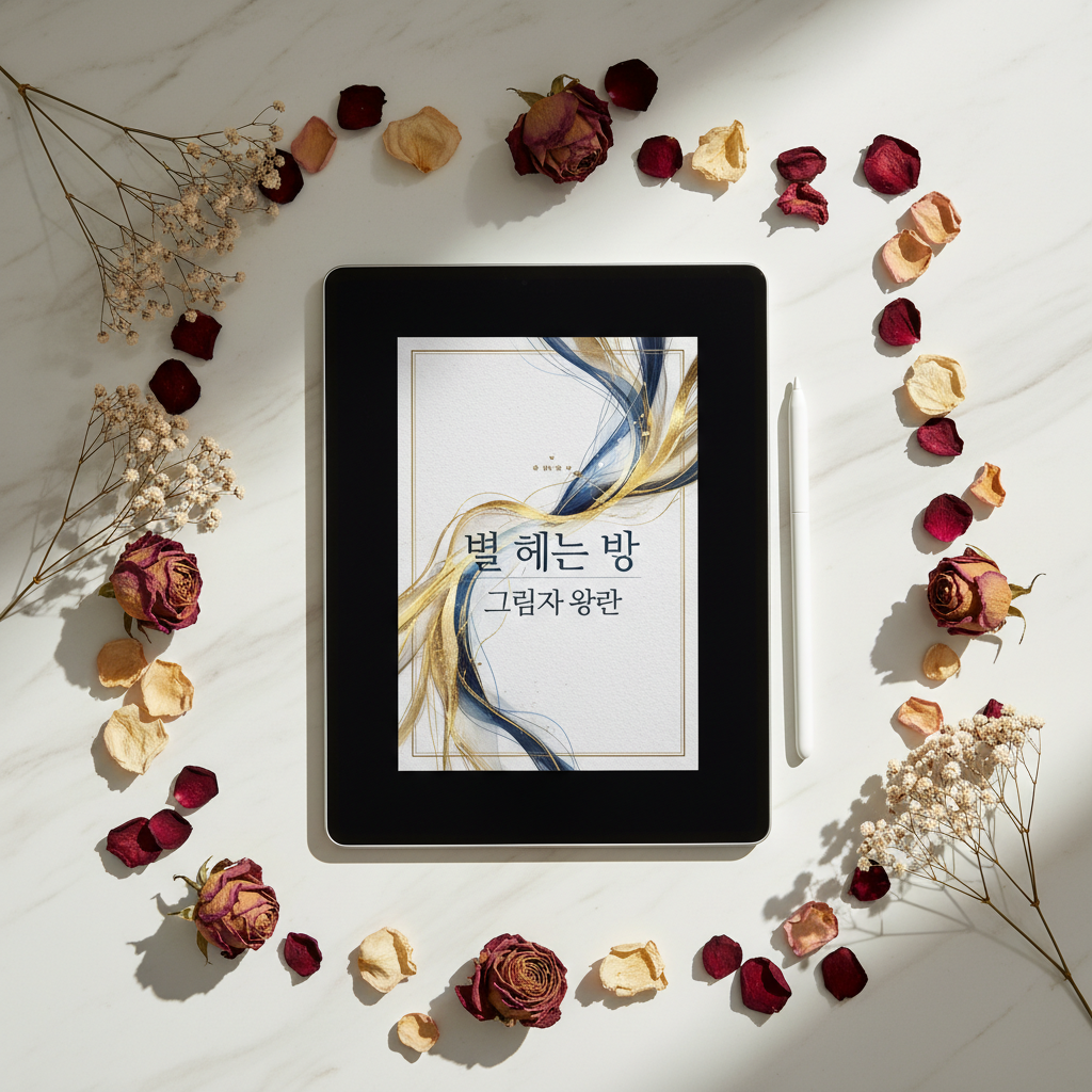 대리석 테이블 위에 디지털 태블릿과 스타일러스 펜, 말린 꽃잎, 그리고 세련된 웹소설 표지 디자인 시안이 인쇄된 종이가 조화롭게 배치된 감성적인 플랫레이(Flat-lay) 구도의 브랜딩 사진.